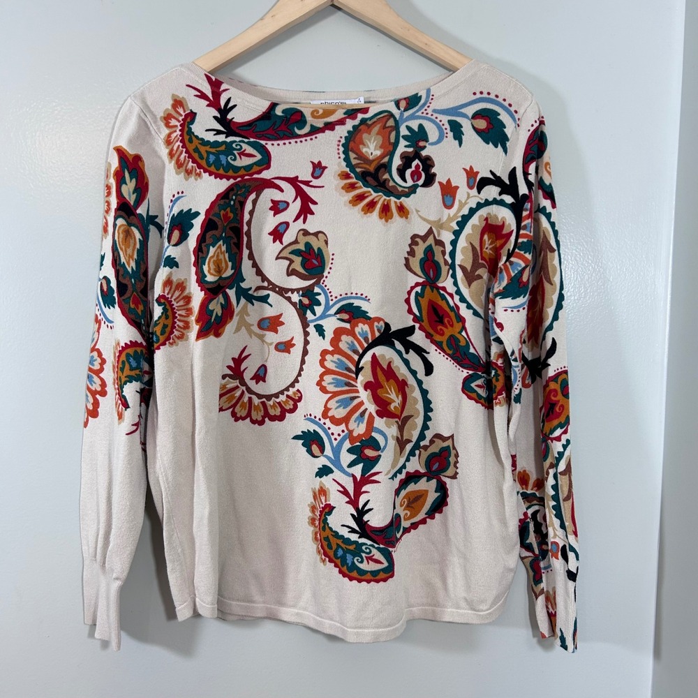 Chicos Paisley Print Knit Top Cream Multi Color Long Sleeve Size 2 Large